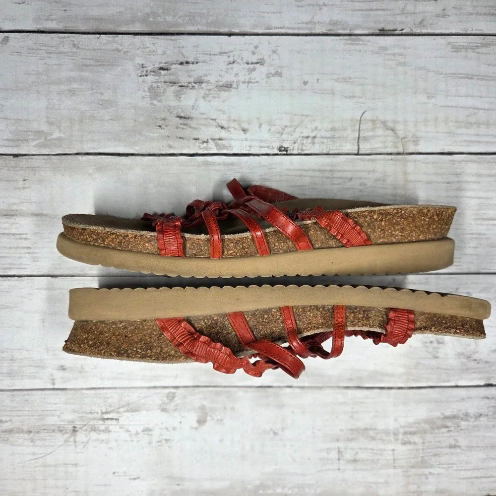 Mephisto Strappy Ruffle Leather Cork Footbed Sandals Womens 39 Red France